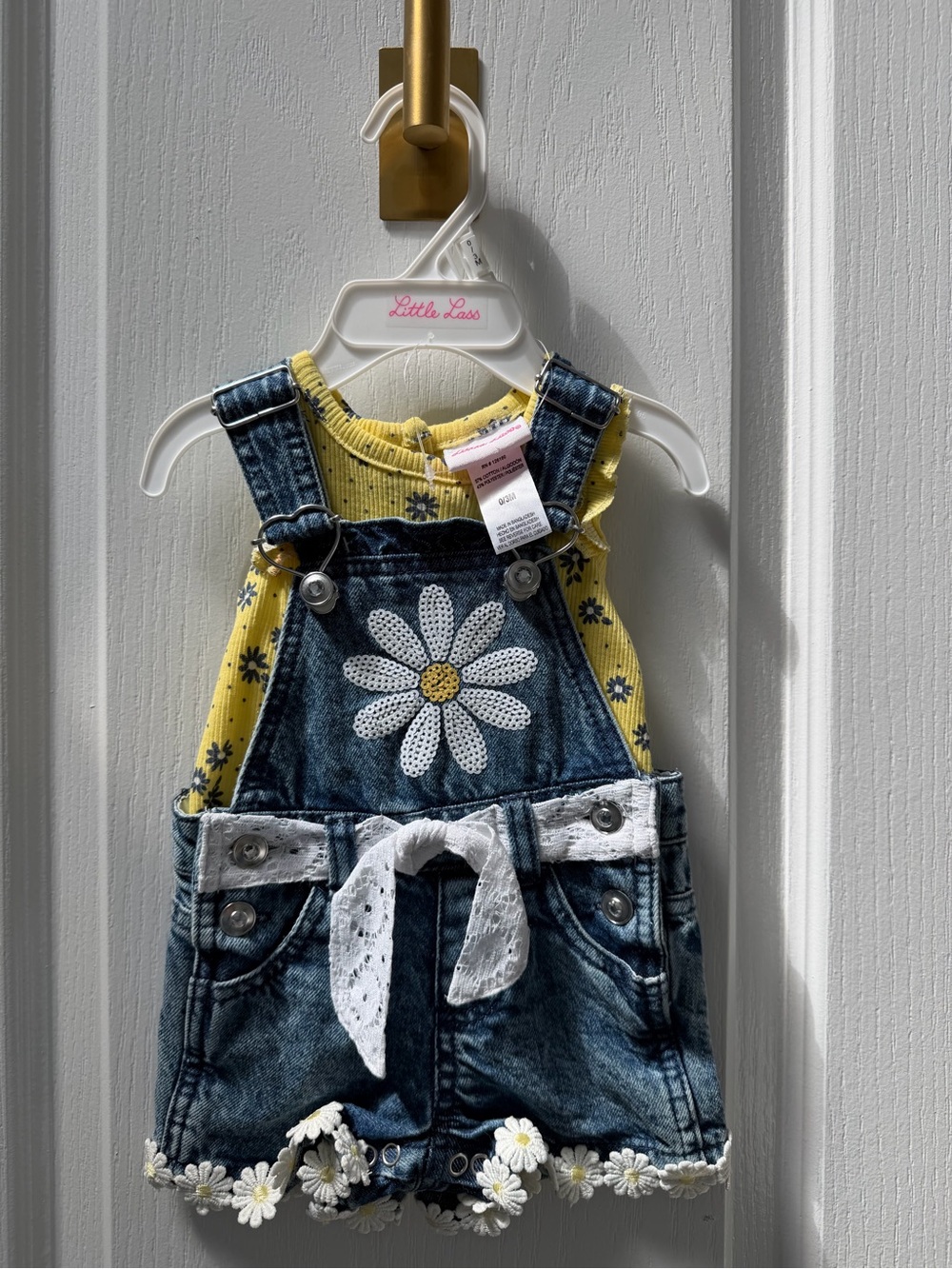 Little Lass Yellow Daisy Ribbed Top with Denim Daisy Embroidered Overalls